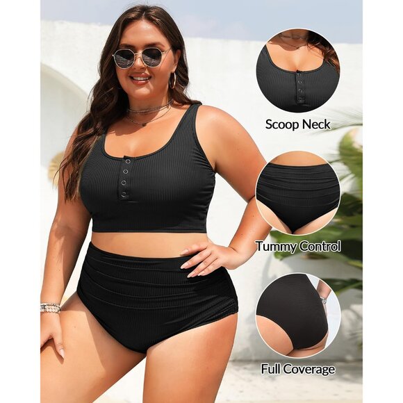 Plus Size 2 Piece Swimsuit Women's 24 PLUS Black High Waisted Bikini Ribbed NEW! - Picture 6 of 6